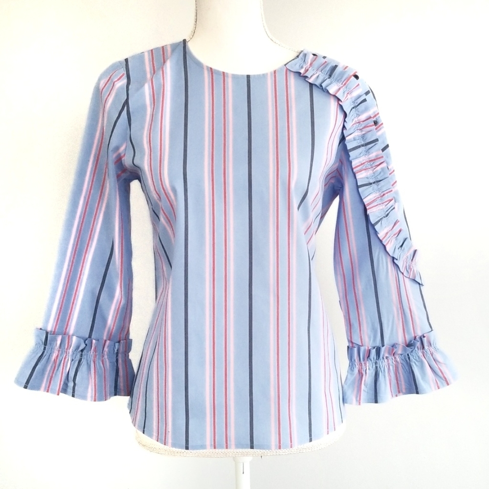 Halogen light blue striped ruffle blouse